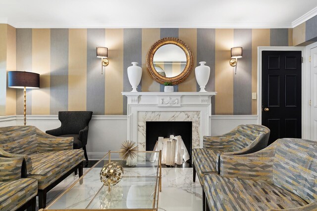 220 Madison Ave Unit 15N, New York City, NY 10016 - interior space featuring wallpapered walls, a high end fireplace, and crown molding