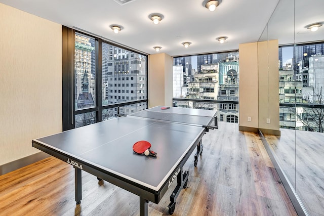 playroom featuring a view of city, a wall of windows, baseboards, and wood finished floors