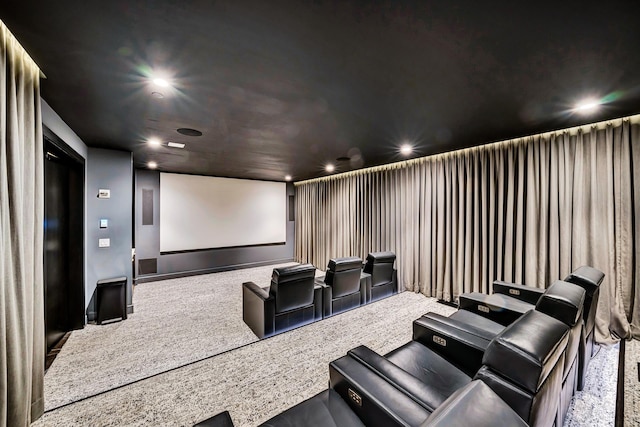 home theater featuring recessed lighting and carpet