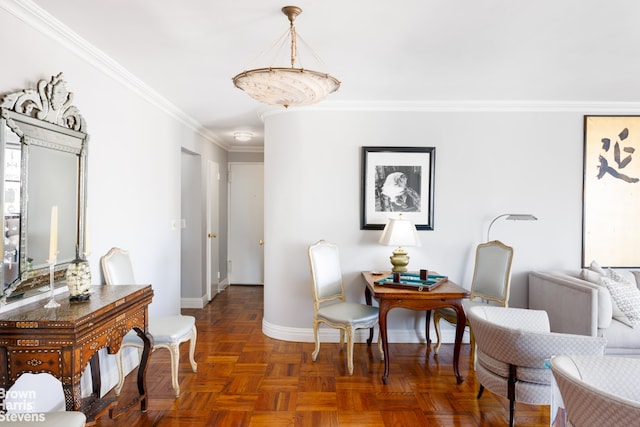 interior space with ornamental molding and dark parquet floors