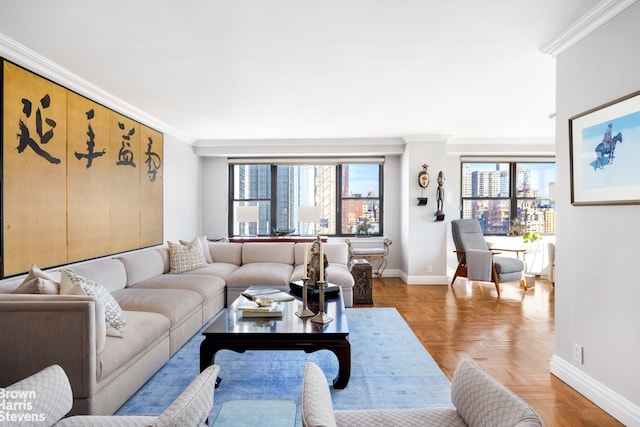 living room featuring parquet flooring and ornamental molding