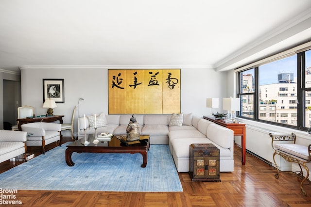 living room featuring ornamental molding and parquet floors