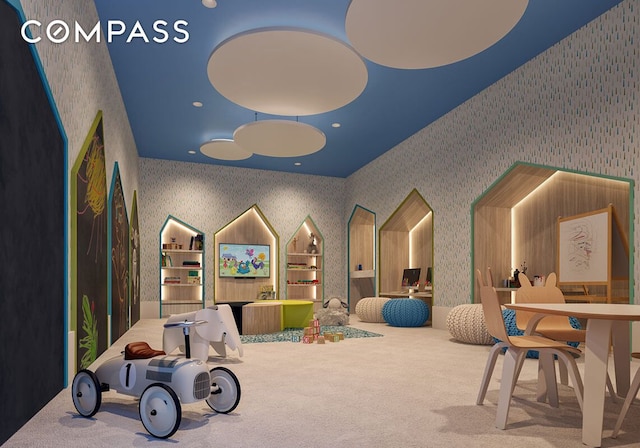 game room with wallpapered walls and carpet flooring