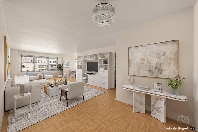 living room featuring light parquet floors