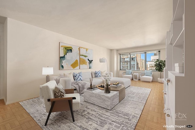 living room featuring parquet floors