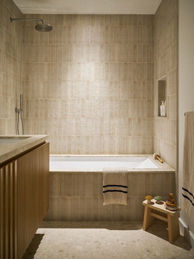 323 Bergen St Unit 317E, New York City, NY 11217 - bathroom with tile walls, tiled bath, tiled shower, and vanity