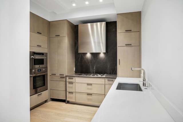 kitchen featuring stainless steel appliances, a sink, light wood-style floors, ventilation hood, and backsplash