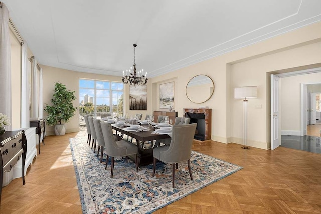 bedroom with crown molding, hardwood / wood-style floors, and a notable chandelier