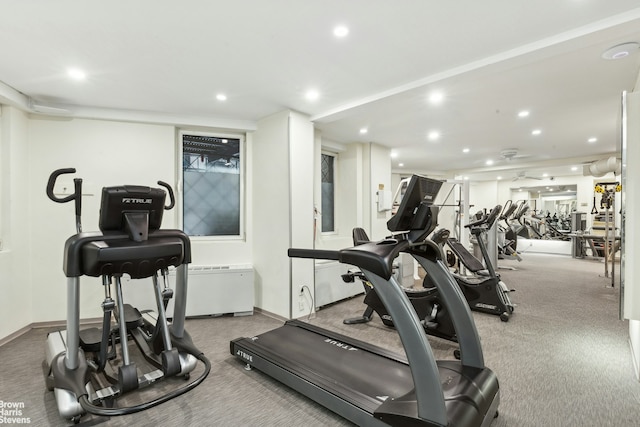 gym featuring carpet floors, recessed lighting, and baseboards