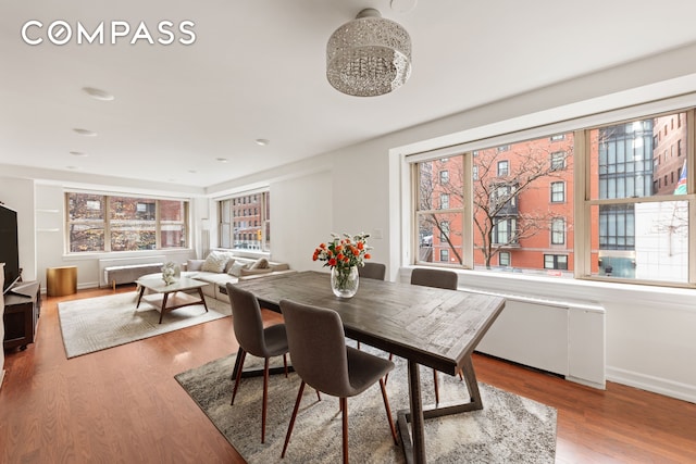 137 E 36th St Unit 2A, New York City, NY 10016 - dining room featuring radiator, plenty of natural light, wood finished floors, and baseboards