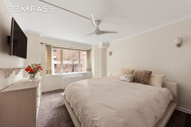 137 E 36th St Unit 2A, New York City, NY 10016 - carpeted bedroom featuring radiator heating unit, baseboards, ornamental molding, and a ceiling fan