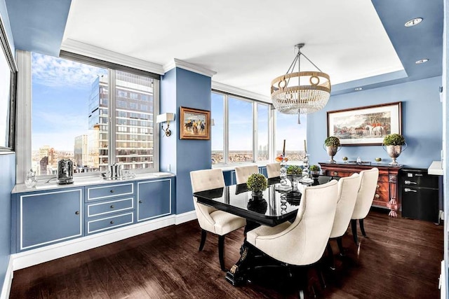 dining room with a view of city, dark wood-type flooring, and a wealth of natural light