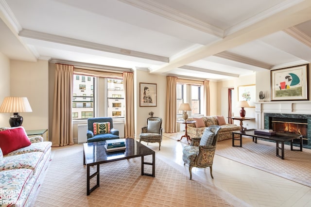 living room featuring a premium fireplace, beam ceiling, and crown molding