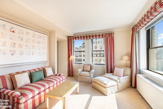 interior space featuring baseboards, a city view, ornamental molding, and light colored carpet