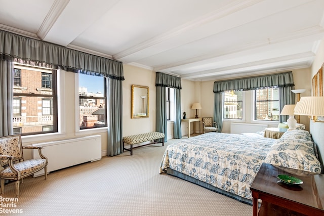 bedroom with carpet flooring, beam ceiling, and crown molding