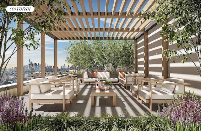 view of patio featuring a view of city, a pergola, and an outdoor hangout area