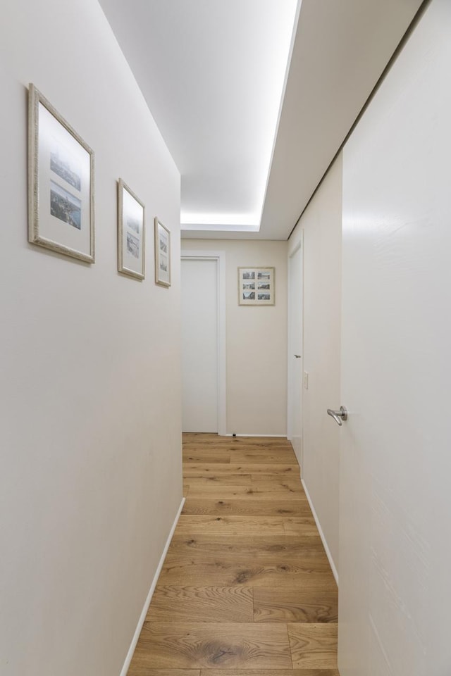 hall featuring light wood-style floors and baseboards