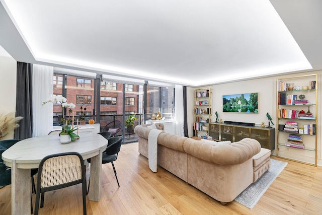 living room with a tray ceiling, light hardwood / wood-style floors, and a wall of windows