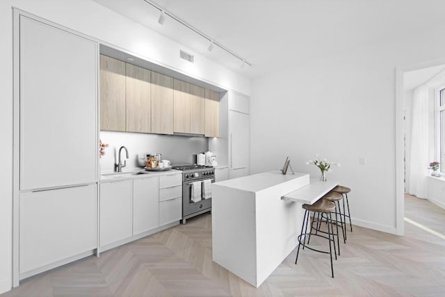 kitchen featuring light parquet floors, sink, a kitchen bar, and high end stove