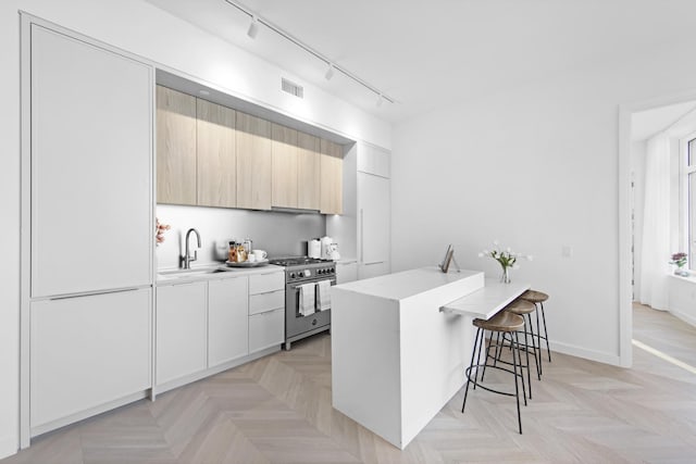 kitchen with light countertops, high end stainless steel range oven, a sink, modern cabinets, and a kitchen breakfast bar