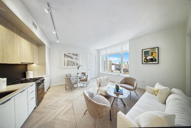 living room with rail lighting and light parquet floors