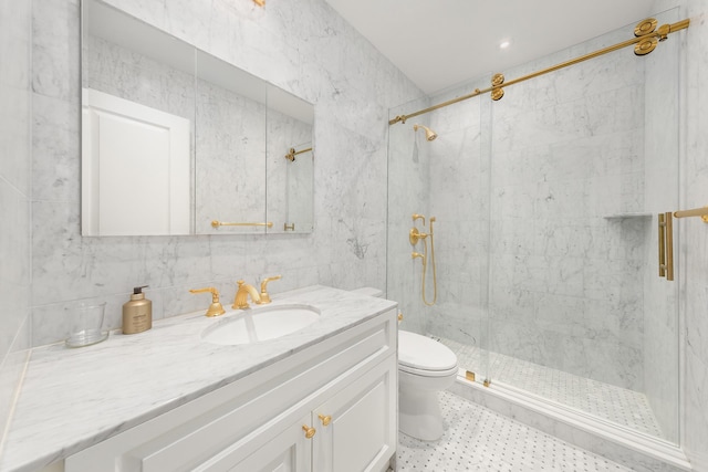 bathroom with vanity, a stall shower, tile walls, toilet, and tasteful backsplash