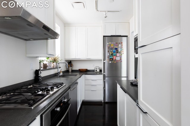 kitchen with ventilation hood, appliances with stainless steel finishes, white cabinets, and sink