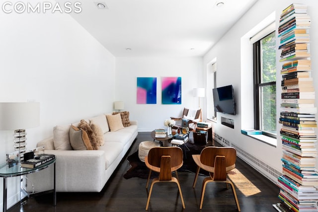 living room with a wealth of natural light and dark hardwood / wood-style floors