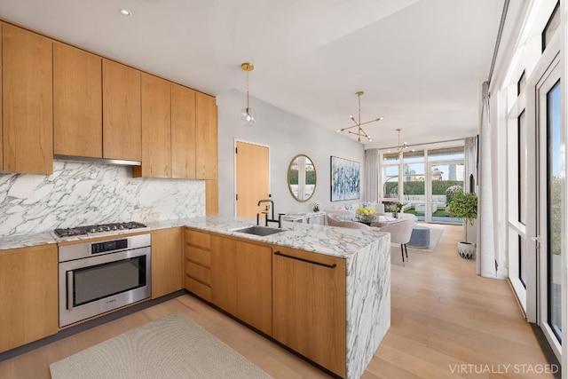 kitchen with a peninsula, a sink, stainless steel appliances, pendant lighting, and backsplash