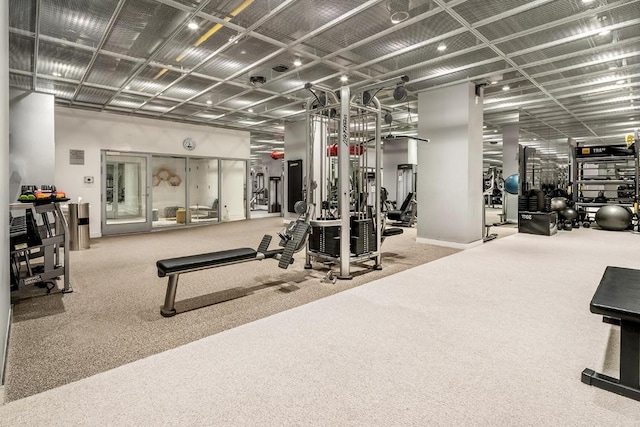 exercise room with carpet flooring