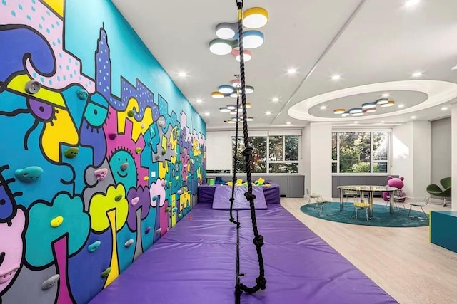 game room featuring a tray ceiling