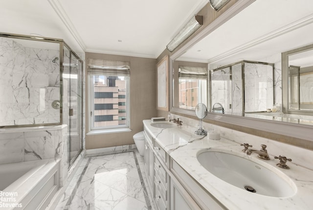 full bathroom with double vanity, a marble finish shower, ornamental molding, marble finish floor, and a sink