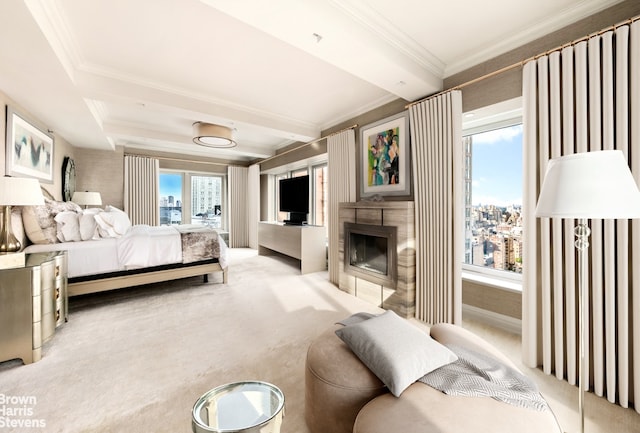 bedroom featuring beam ceiling, light colored carpet, a fireplace, and ornamental molding