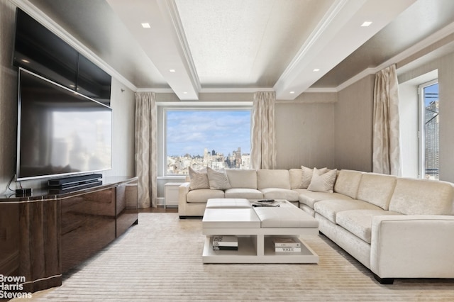 living room featuring light wood-style floors, ornamental molding, beamed ceiling, and recessed lighting