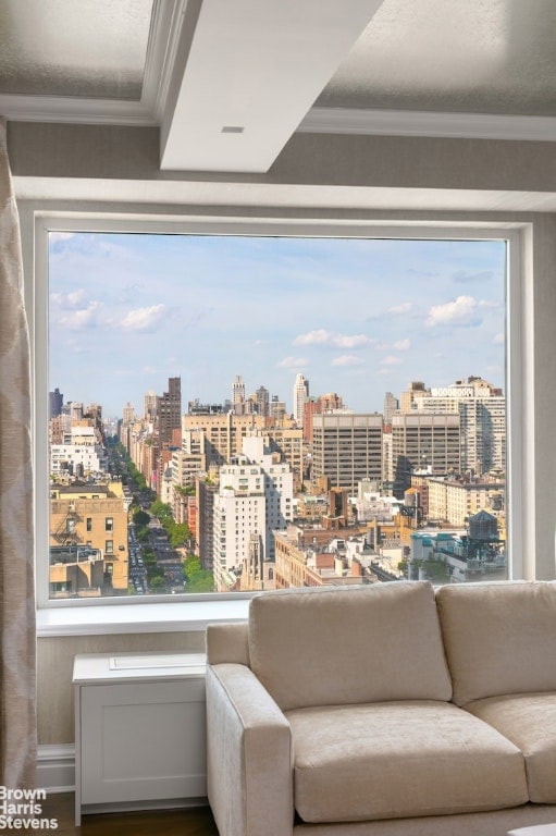 interior space with a view of city, ornamental molding, and a wealth of natural light