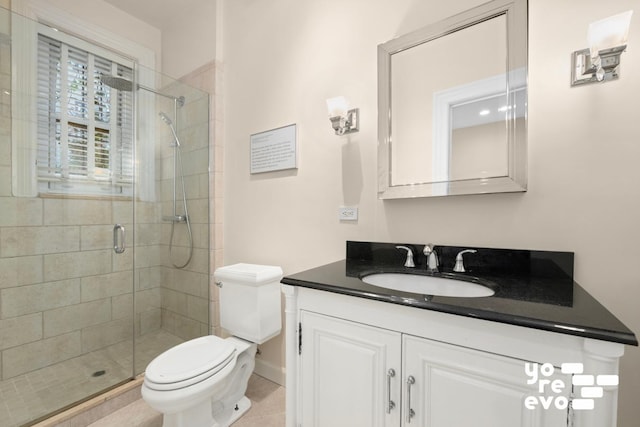 bathroom featuring tile patterned flooring, a shower stall, toilet, and vanity