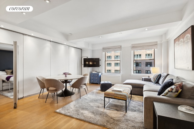 living room with a raised ceiling and hardwood / wood-style floors