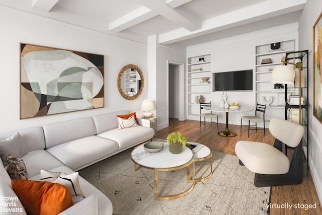 living room with beam ceiling, built in features, coffered ceiling, and hardwood / wood-style flooring