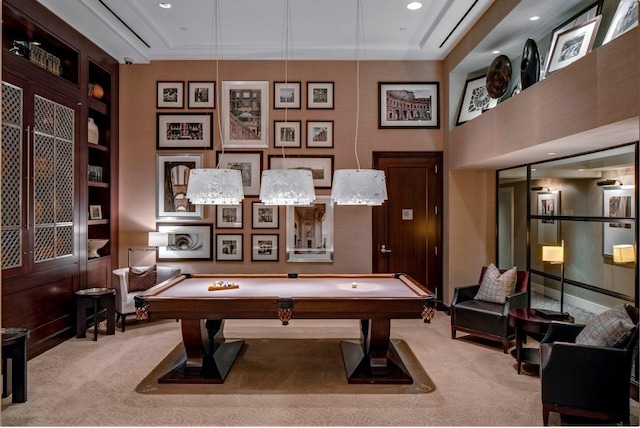 playroom with billiards, carpet flooring, and recessed lighting