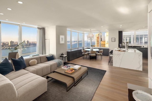 living area with a water view, plenty of natural light, light wood-style flooring, and a city view