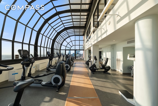 exercise room with visible vents and lofted ceiling