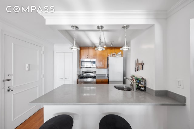 kitchen featuring appliances with stainless steel finishes, a peninsula, wood finished floors, hanging light fixtures, and a sink