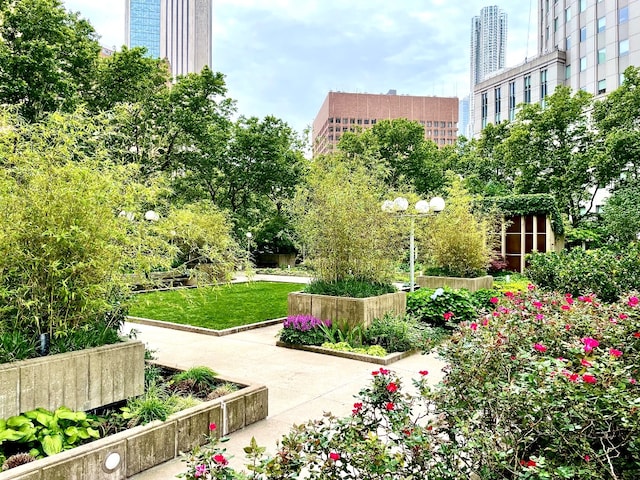 surrounding community with a view of city and a garden