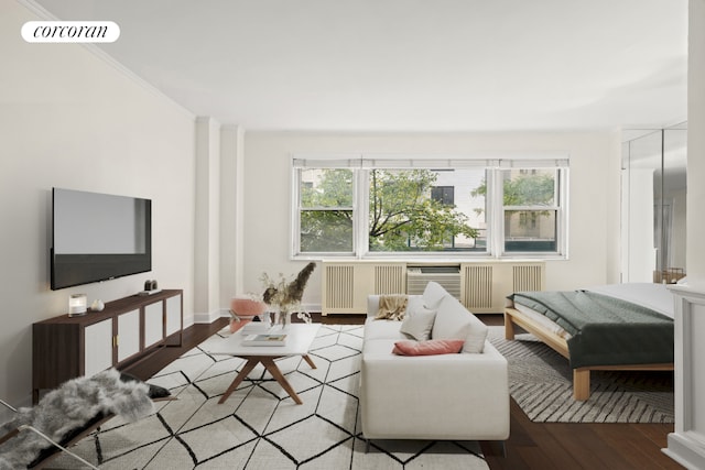 living room with radiator and hardwood / wood-style flooring