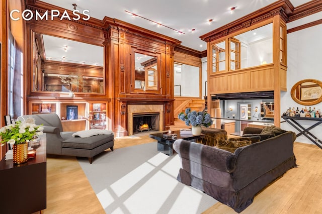 living room with light wood-style flooring, ornamental molding, a decorative wall, track lighting, and a high end fireplace