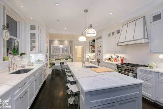 kitchen featuring high end stove, white cabinets, custom range hood, and a sink