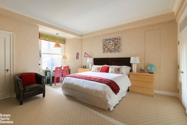 carpeted bedroom featuring wallpapered walls, baseboards, and ornamental molding