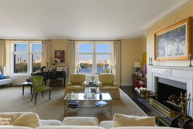 living room with a water view, ornamental molding, and wood-type flooring