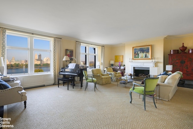 living room featuring light colored carpet and ornamental molding