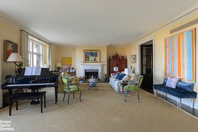 living area with ornamental molding, a high end fireplace, and light carpet